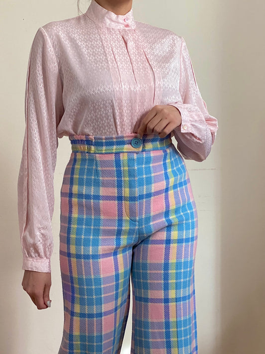 80's Pleated Front High Mock Neck Blouse (S)