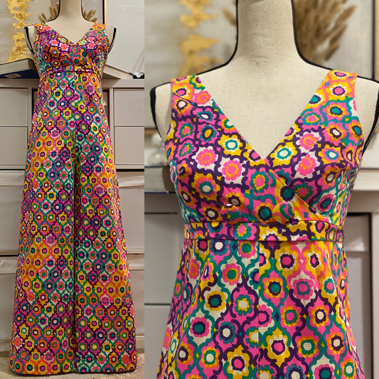 60s-70s Rainbow Flower Power Wide Leg Jumpsuit (S)