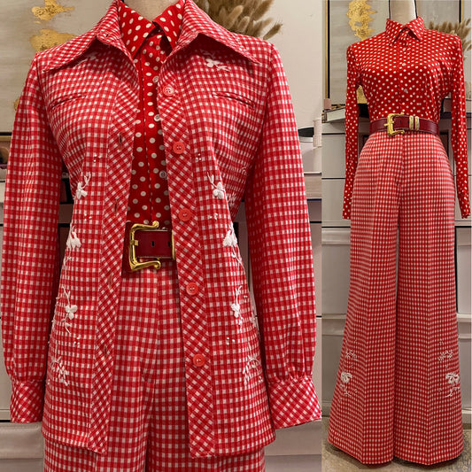 70's Floral Gingham Wide Leg 2pc Pantsuit (S-M)