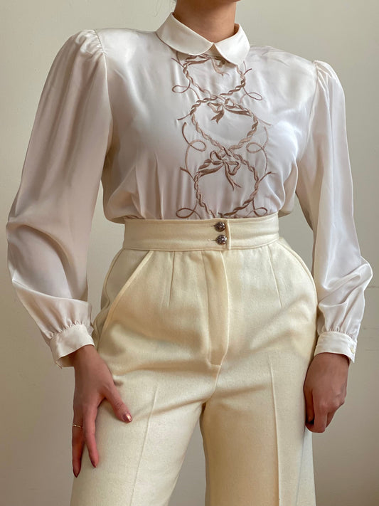 80's Rope Embroidery Peter Pan Collar Balloon Sleeves Blouse (S-M)