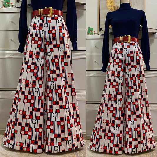 70s Abstract Geometric High Rise Flare Pants (M, 27"-32"W)