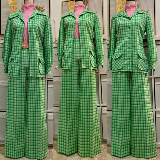 70's Green Plaid 2-Piece Set - Jacket & Bell Bottoms Pantsuit (S-L)