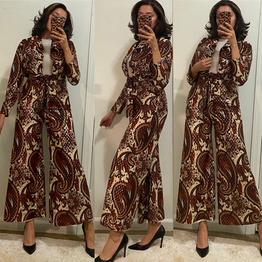 60's-70's 2pc Paisley & Silver Lurex Wide Leg Jumpsuit & Cropped Jacket (XS-S)