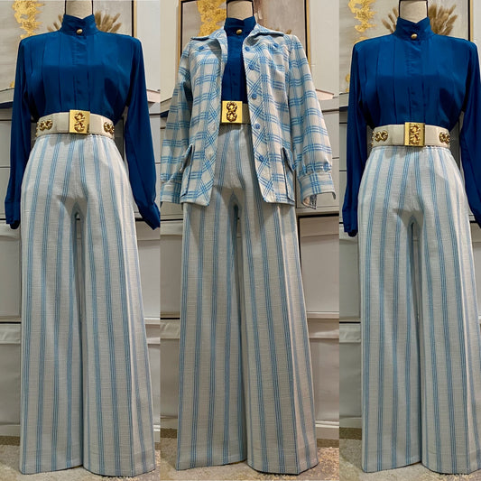 70s 2pc Blue Plaid Striped Pantsuit - Bell bottom flares & Jacket (S-L)