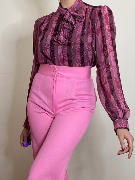 80'S Pink Floral Jabot/Ascot Bow Long Sleeve Blouse (S)