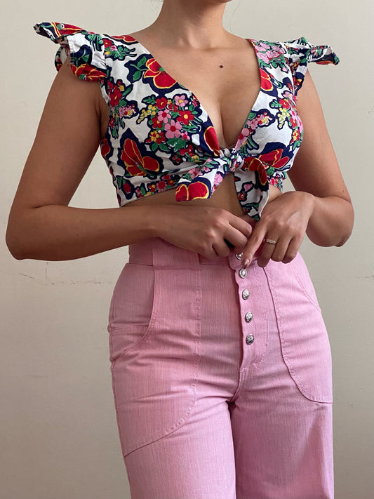 70s Floral Ruffle Tie Front Crop Top (OS)