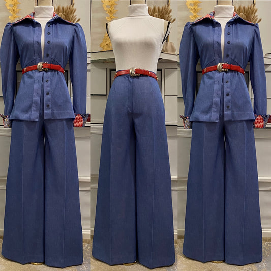 70's Denim-Look, Patchwork Trim 2PC Wide Leg Pantsuit (M, 28"W)