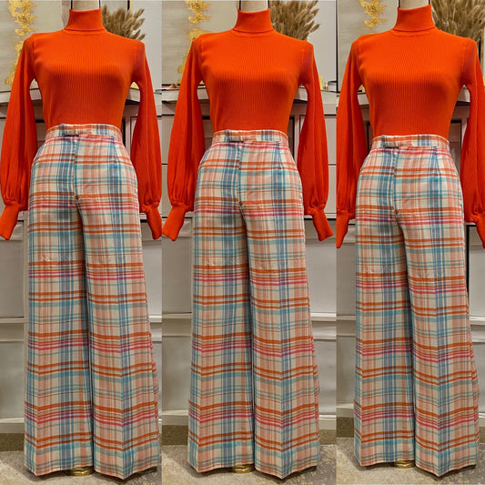 70’s High Rise Wide Leg Blue & Orange Plaid Pants (M-28”W)