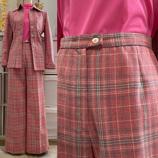 60s 70s 2pc Wide Leg Plaid Cotton Pantsuit (XS-S)