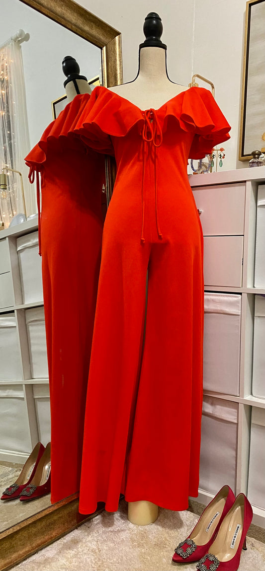 70’s Ruffle Off the Shoulder Bell Bottom Jumpsuit (M-28"W)
