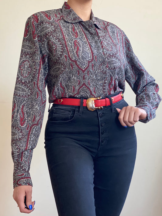80's Grey Abstract Paisley Button Down Blouse (M)