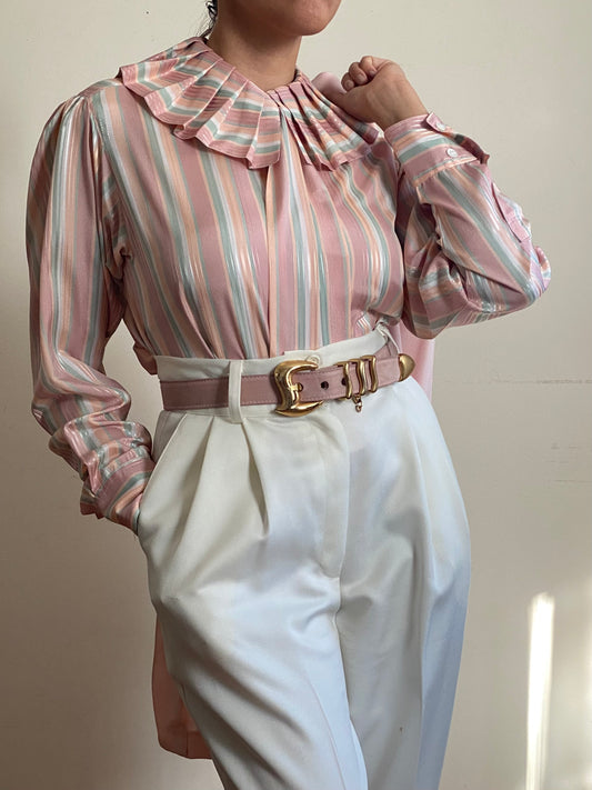 70's ILGWU Pastel Striped Round Pleated Collar Long Sleeve Blouse (S)