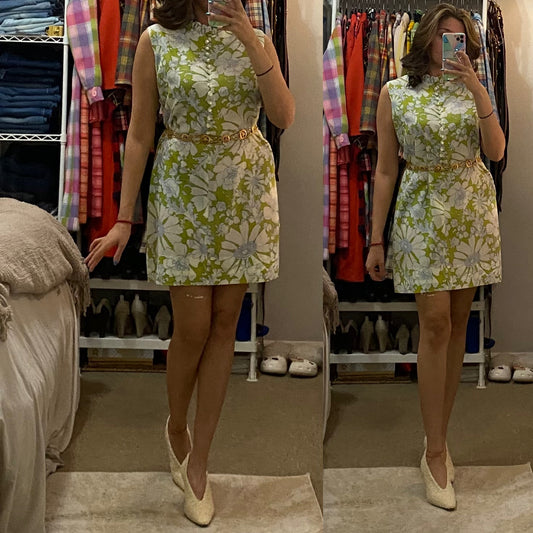 60's-70's Floral Crepe Shift Dress (M-L)
