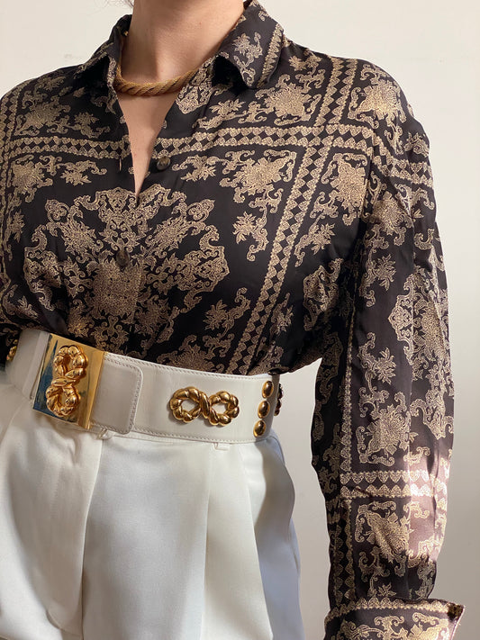 Y2K Silk Brown Abstract Long Sleeve Blouse (M)