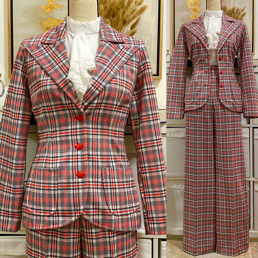 70's Orange Plaid Pantsuit - Jacket & High Rise Wide Leg Bottoms Set (S-M)
