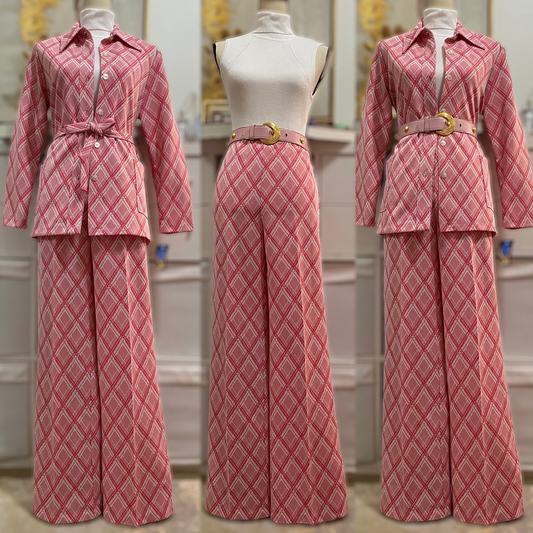 70's Deadstock 3PC Diamond Wide Leg Pantsuit (L; 30"-36"W)
