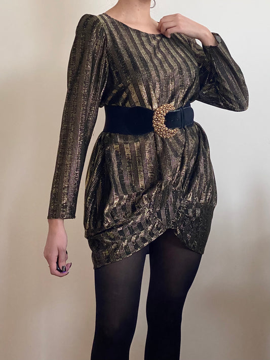 80's Gold Metallic Asymmetrical Shirt Dress (S-M)