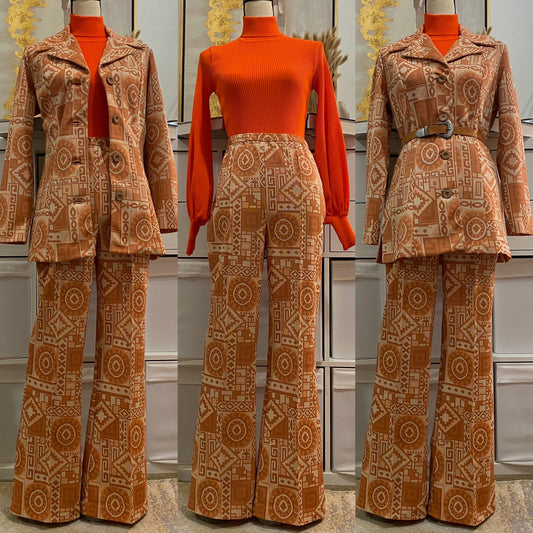 60's-70's Abstract Geometric 2Pc Wide Leg Pantsuit (M-L)