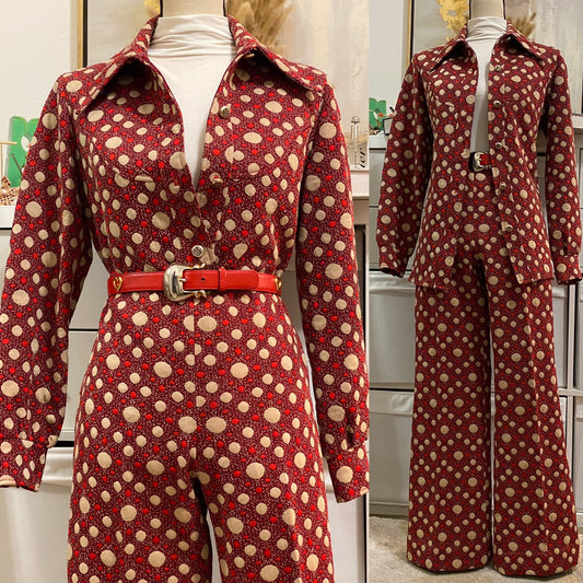 60s -70s Abstract Polka Dot 2PC Leisure/Pantsuit (M-L, 30"-36"W)