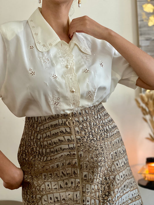Floral & Pearly Embroidered Short Sleeve Blouse