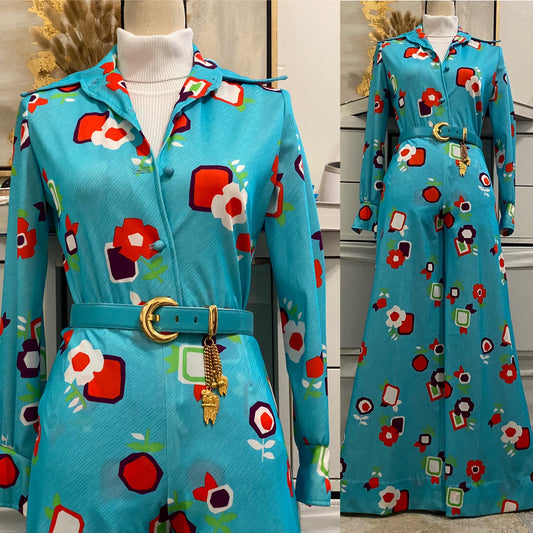 70's 2PC Floral - Geometric Wide Leg Flare Pantsuit (XS-S, 20"W-29"W)