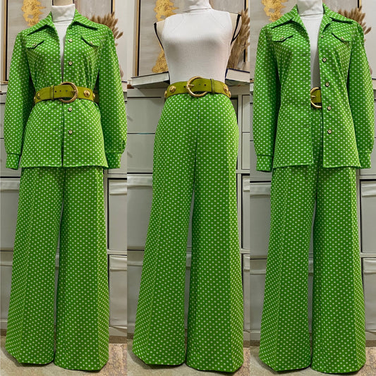 70's Lime Green Polka Dot 2Pc Wide Leg Pantsuit (M-L)