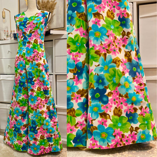 60's-70's Floral Bell Bottom Wide Leg Jumpsuit (L)