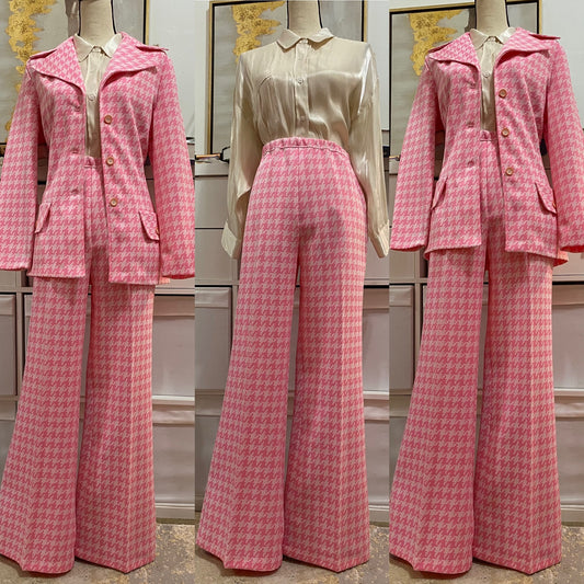 70's Houndstooth Pink 2pc Bell Bottom Pantsuit (L)