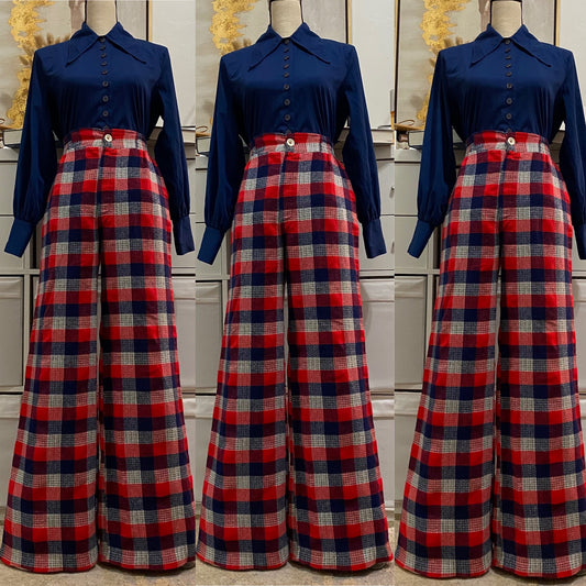 60s 70s High Rise Check/Plaid Wide Leg Pants (S-M, 26"-30"W)