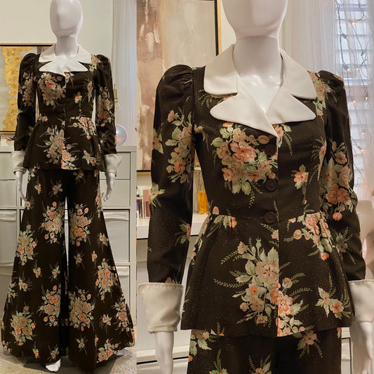 70's does 40's Floral 2Pc Peplum, Palazzo Pantsuit (XS)