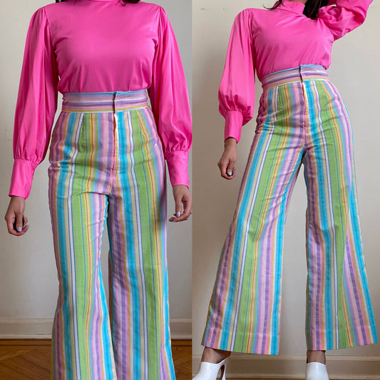 60s-70s High Rise Pastel Rainbow Bell Bottom Cotton Pants (S - 27"W)