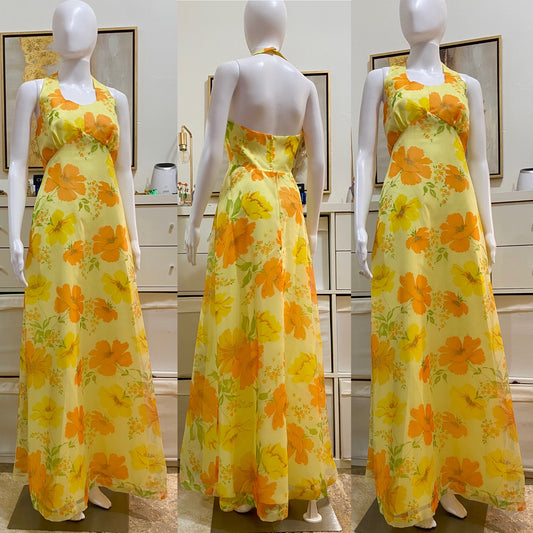 60s 70s Floral Halter Top Style Maxi Dress ILGWU (S-M)