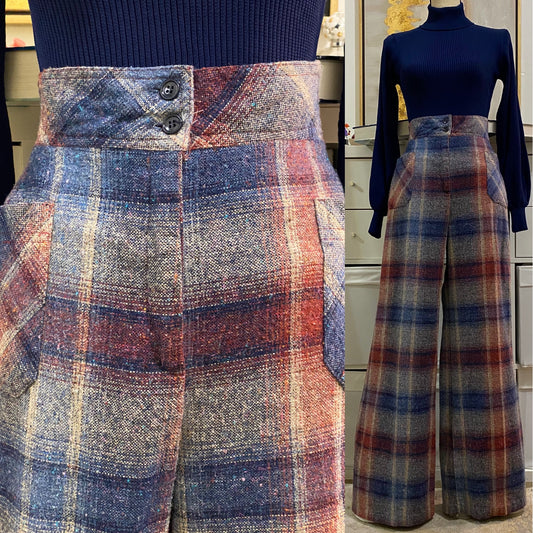 70s High Rise, Wide Leg Hazy Plaid Pants (L, 30"-34")