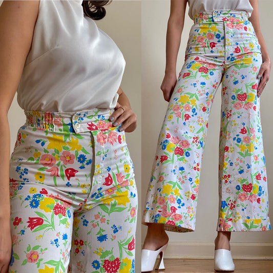 70's Floral High Rise Bell Bottom Pants (XS-S)