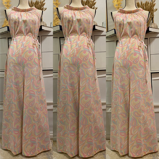 60's-70's Cotton Pastel Psychedelic, Cowl Neck, Wide Leg Jumpsuit (L)