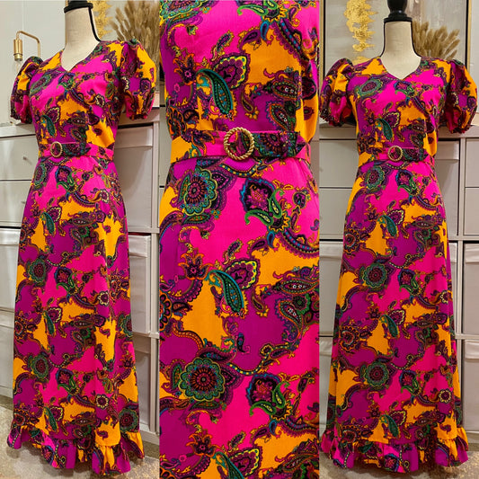 60s-70s Pink Psychedelic Ruffle Puff Sleeve Maxi Dress (S-M)