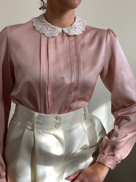 80's Lace Collar Silky Long Sleeve Blouse (S)
