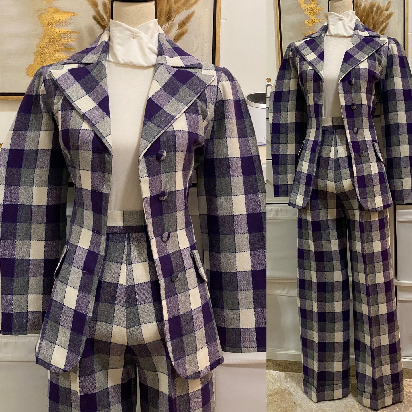 70's Purple & Grey Checkered Pantsuit - Jacket & High-Rise Bell Bottom Set (M)