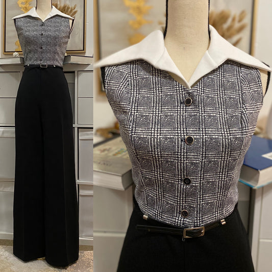 70’s 4- Piece Houndstooth Set - Wide Leg Jumpsuit, Belt, Blazer & Dickie (S-M)
