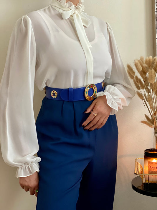 Ruffle high mock neck long sleeve blouse