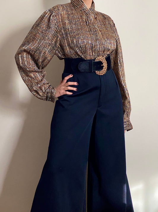 80's Gold Mandarin Collar Long Sleeve Blouse (M)