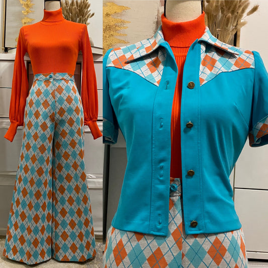 70's Argyle 3PC Wide Leg Pantsuit (S-M) Petite, cropped