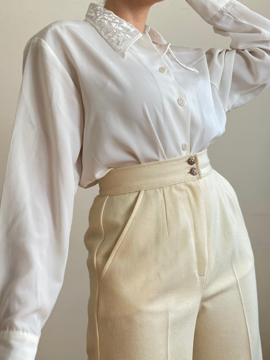 80's-90's White Button-Down Floral Collar Blouse (M-L)