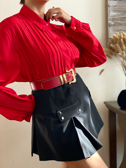Pleated Front with Accent Button Long Sleeve Blouse
