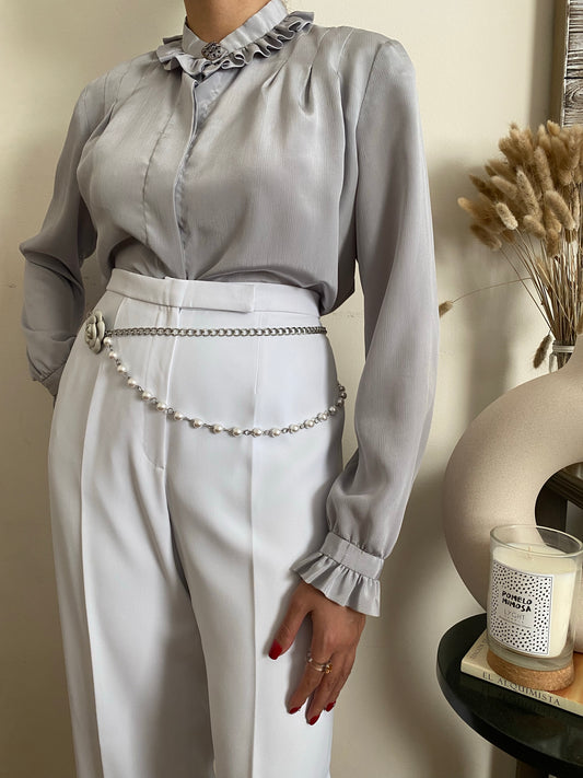 Ruffle neckline pleated long sleeve blouse