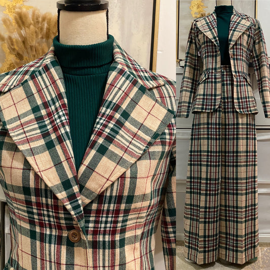 70's Autumnal Plaid 2PC Pantsuit (M, 28"-29"W)