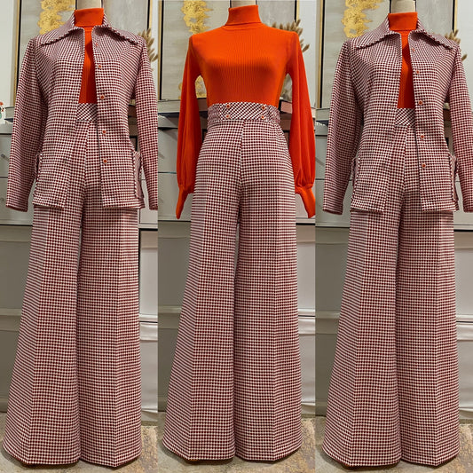 60's 70's Geometric Bell Bottom 2pc Pantsuit (L; 31"-34"W)