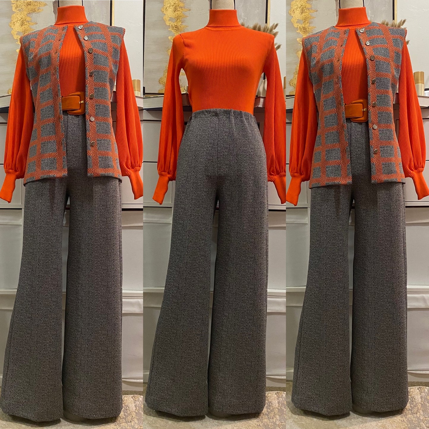 60's-70's Orange & Grey Grid Vest Pantsuit (S-M)
