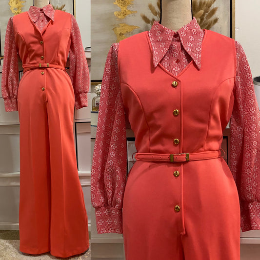 70's 3-Piece Set; Wide Leg Jumpsuit, Blazer & Belt (M)
