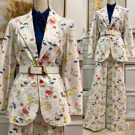 70's Deadstock 2Pc Floral Cotton Wide Leg Pantsuit (M-29"W)